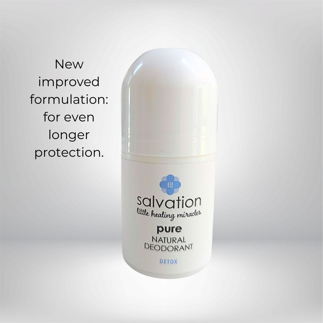 White deodorant bottle with 'Salvation' branding on a light gray backgr
ound