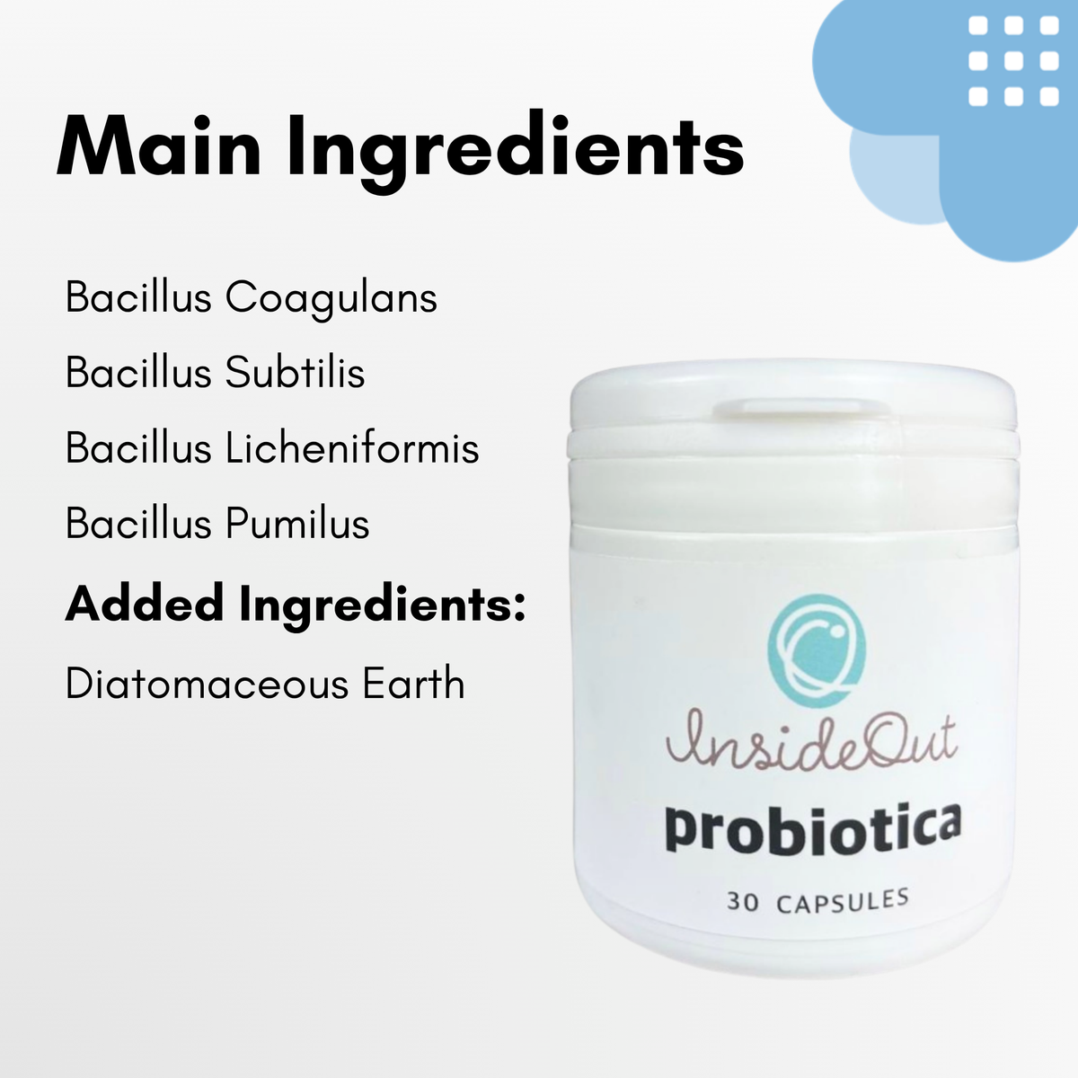 Probiotic supplement container with list of ingredients on a white background