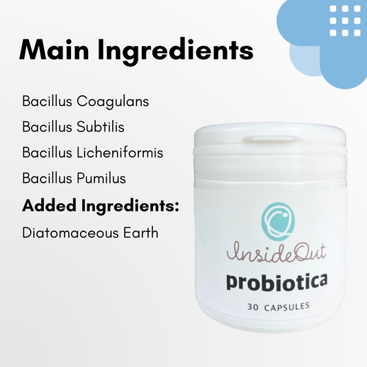 Probiotic supplement container with list of ingredients on a white background