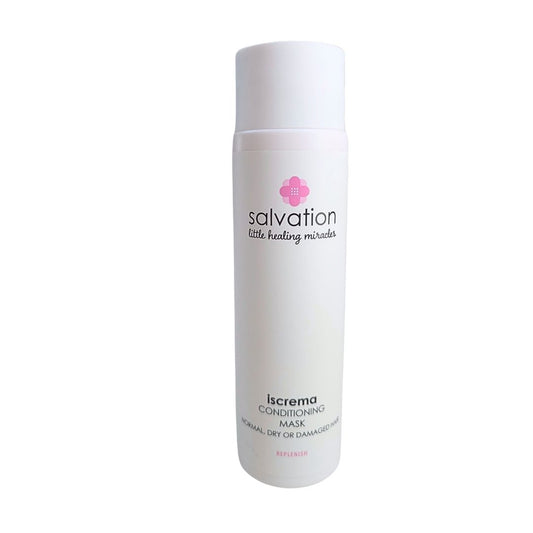 A white cylindrical bottle of Salvation Iscrema Conditioning Mask with a white cap, featuring a pink logo and black text, set against a plain white background.