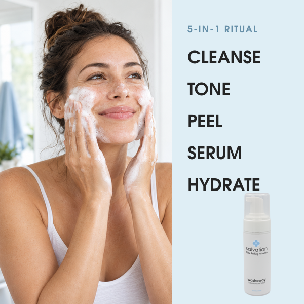 Woman using WashAway cleansing foam: cleanse, tone, peel, serum and hydrate